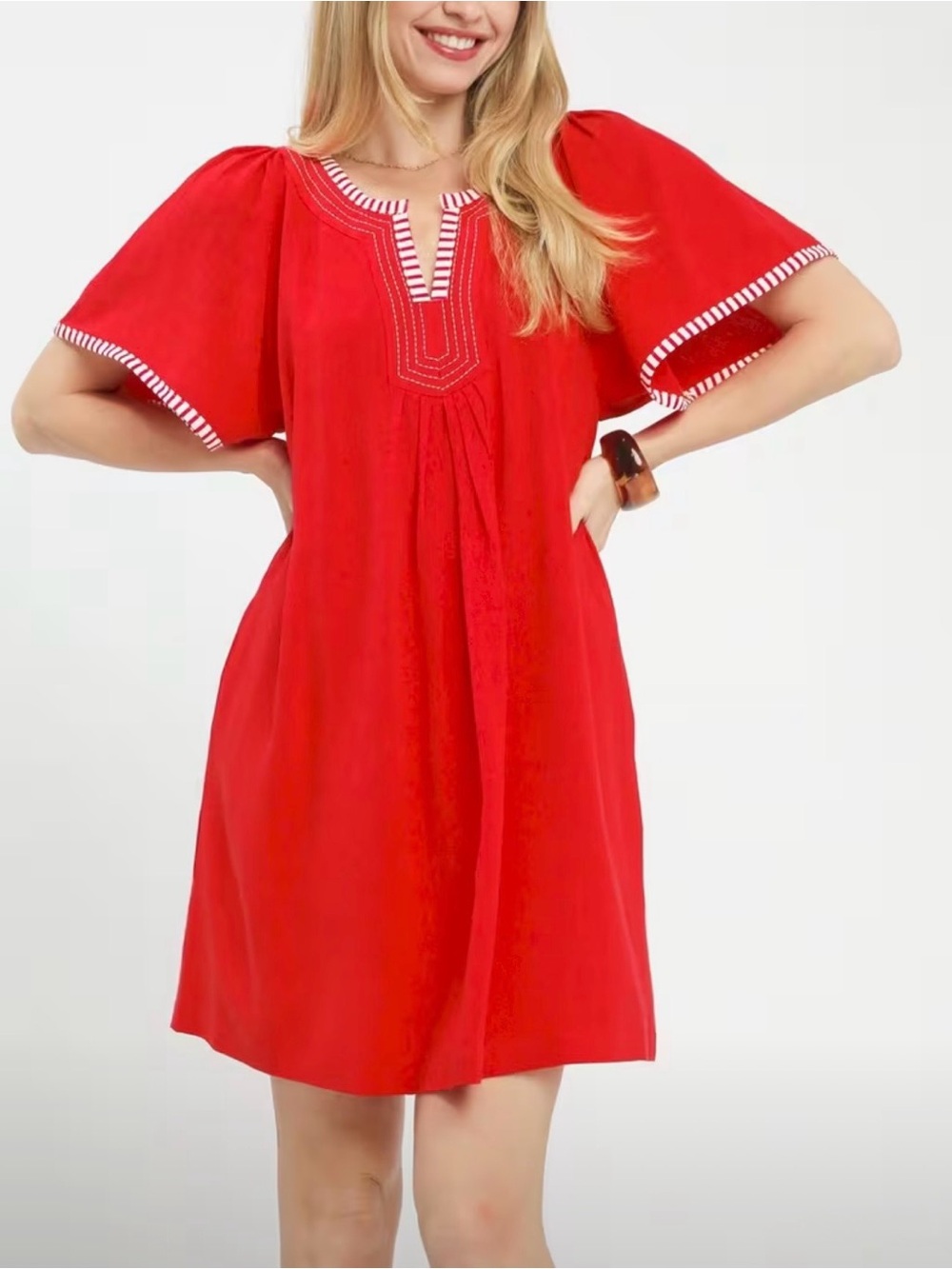 Umgee Red Linen Blend Mini Shift Dress with Contrast Trim